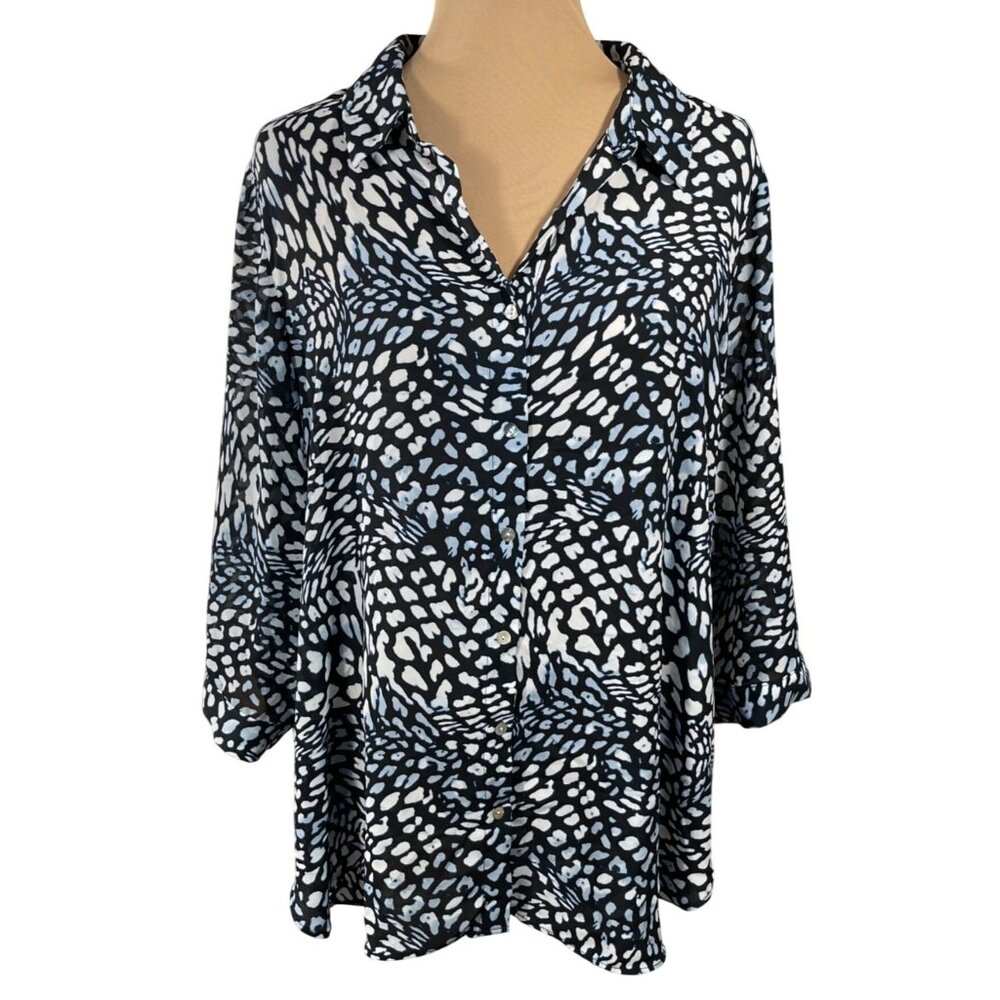 Rose & Olive Animal Print Tunic Top Blouse Size 1X Black White Blue Collar